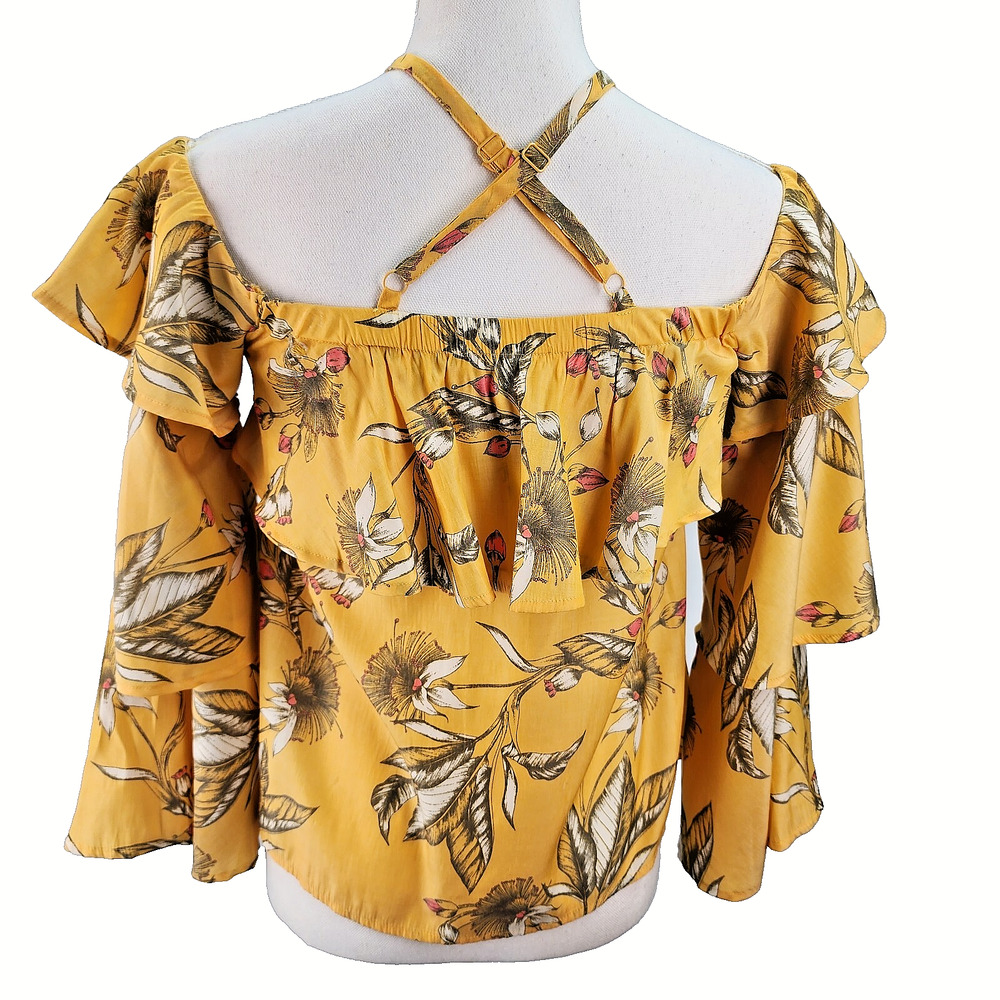 Express Women’s XS Yellow Floral Ruffle Sleeve Halter Cold Shoulder Crop Top Boh - Picture 5 of 13